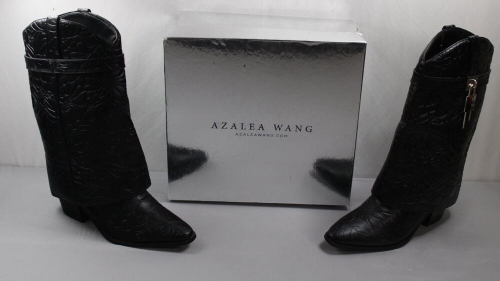 Azalea Wang ARMORY-BLACK Womens foldover cowboy boots US 8.5 Black Embossed